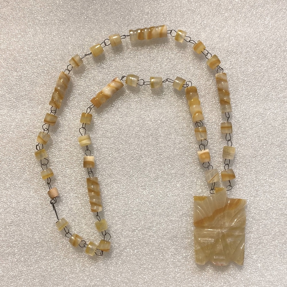 Vintage Hand Carved Necklace - Marbled Cream Onyx - Mask Pendant